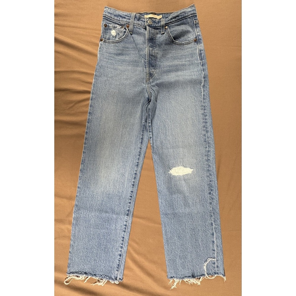 Levis Jeans Womens 25 Blue Ribcage Straight Ankle Button Fly Casual Distressed - Picture 1 of 10